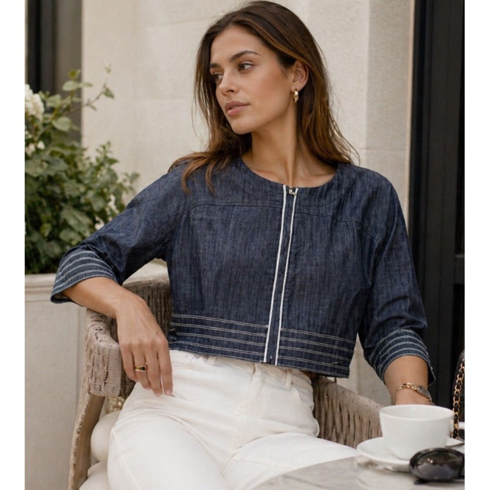 La Perla Cropped Denim Bolero Shirt Jacket Zip Front Made in Italy 42 Medium EUC